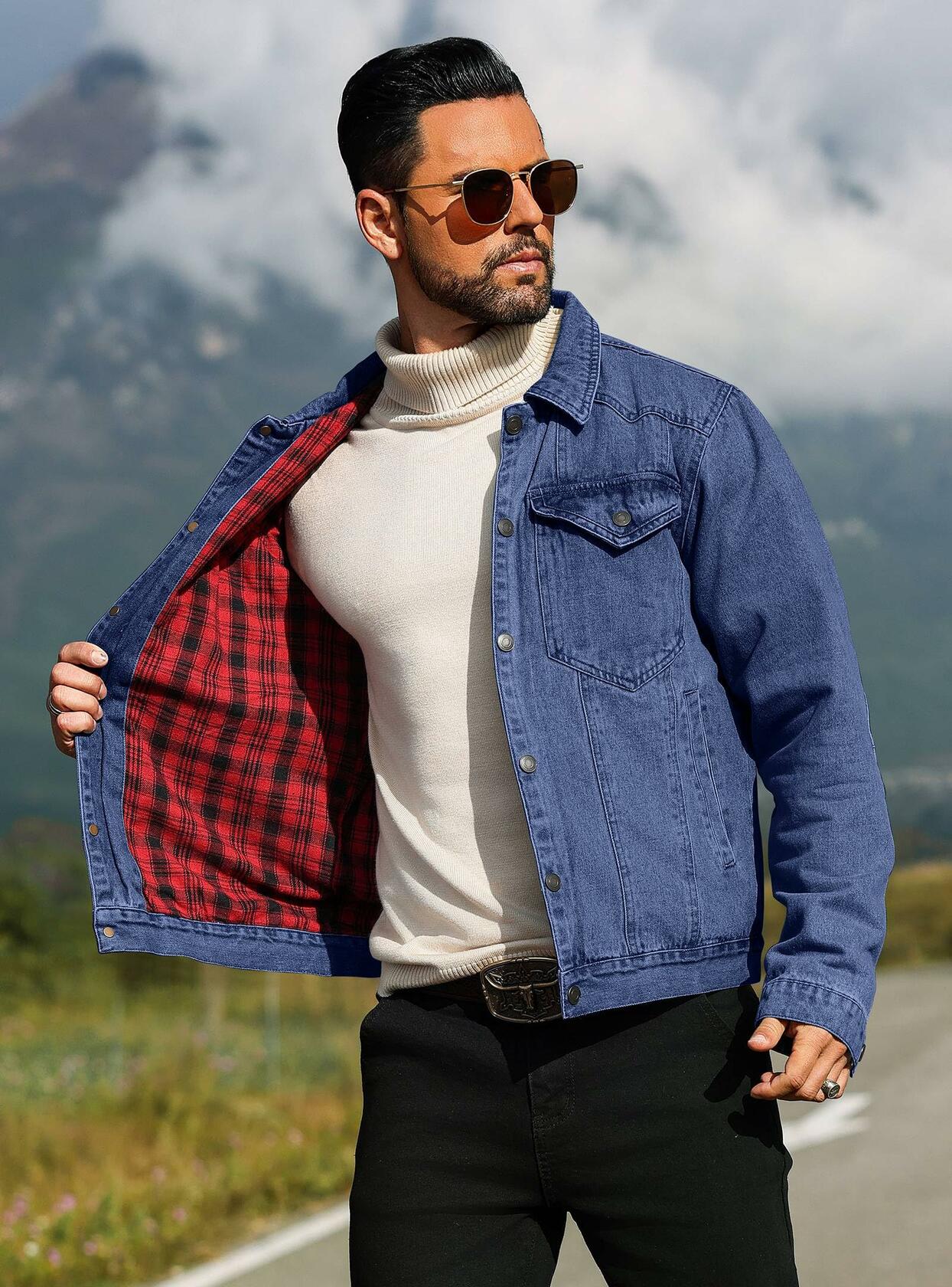 KAVIANA Men's Denim Jacket Flannel Lined Snap Closure Navy Blue Size XX-L