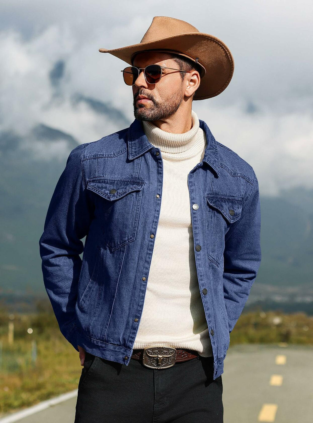 KAVIANA Men's Denim Jacket Flannel Lined Snap Closure Navy Blue Size XX-L