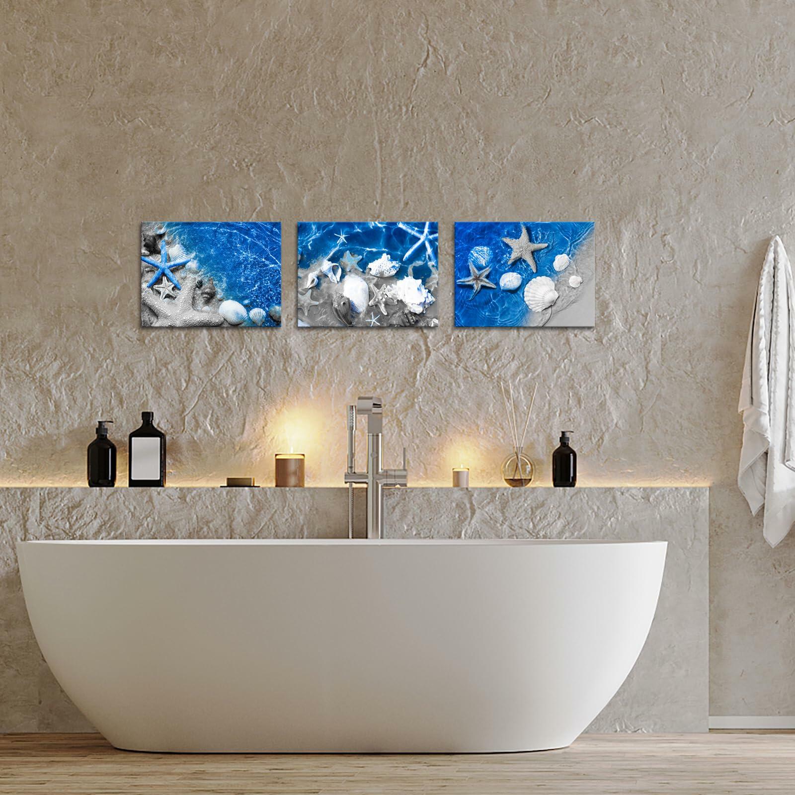 FuShvre Beach Canvas Wall Art Sea Shell Pictures Blue 12x16 3pcs Coastal