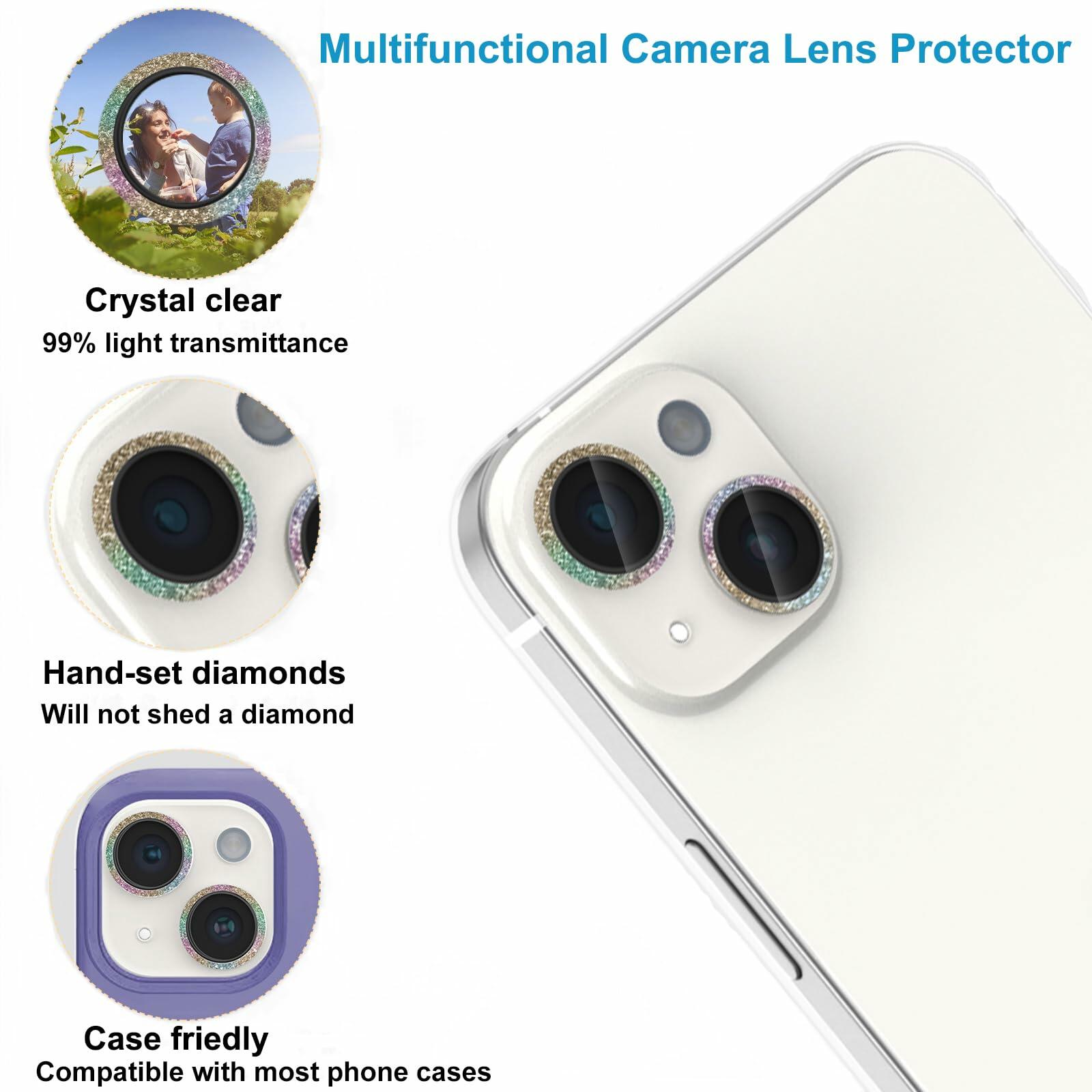 ZQCFKJ iPhone 16/16 Plus Tempered Glass Camera Lens Protector Glitter Colorful