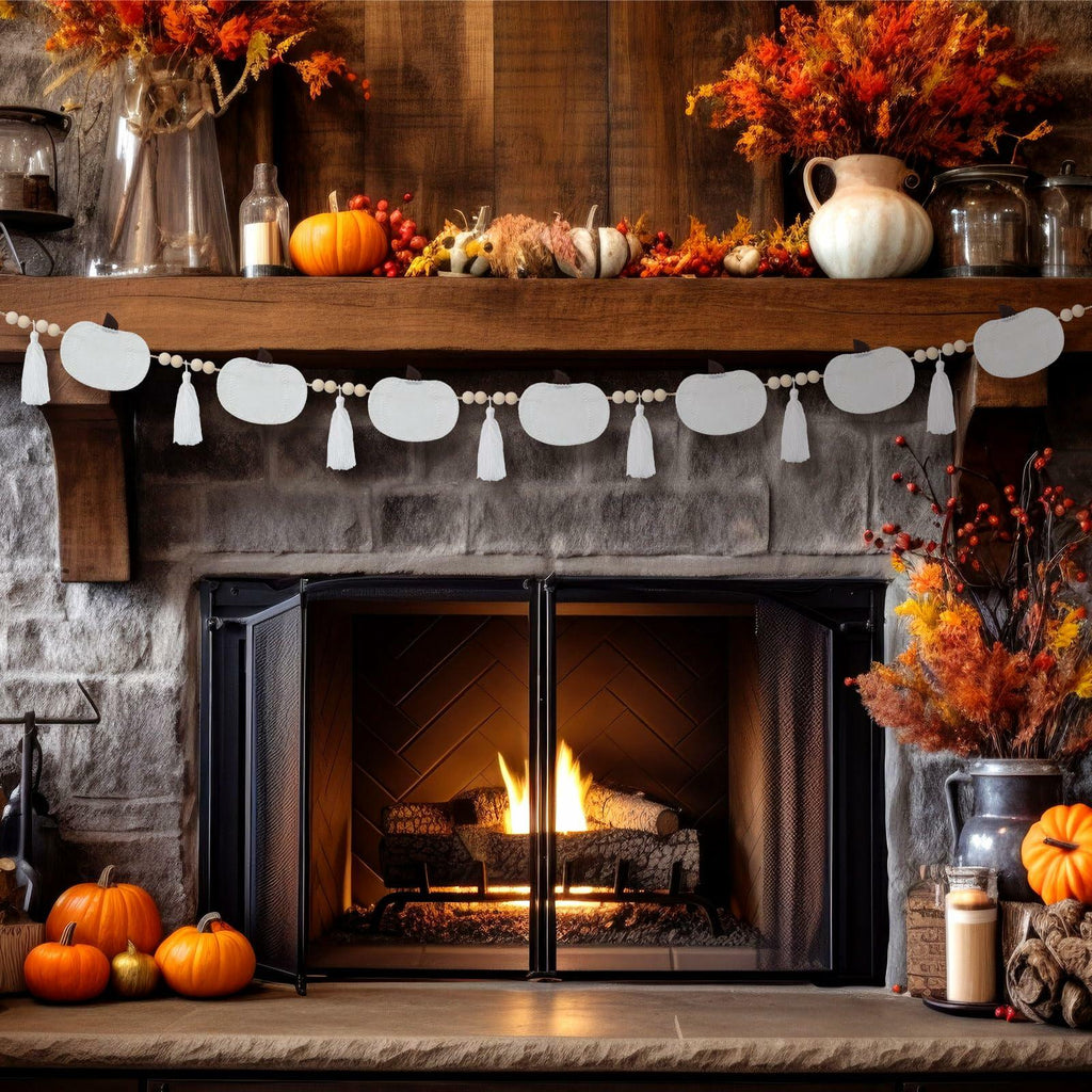 Breling 6ft White Felt Pumpkin Garland Fall Thanksgiving Neutral Decor