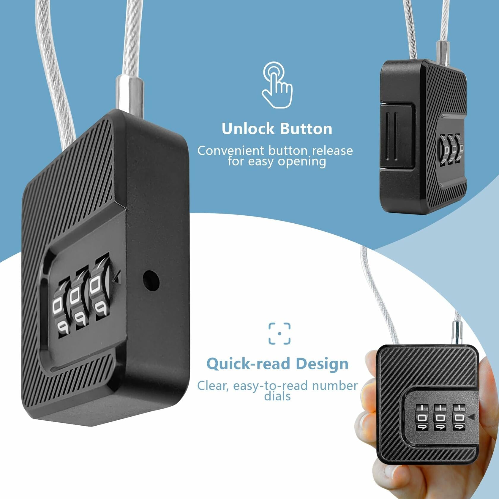 Coipdfty 3-Digit Combination Lock Flexible Steel Cable Waterproof Black 2-Pack