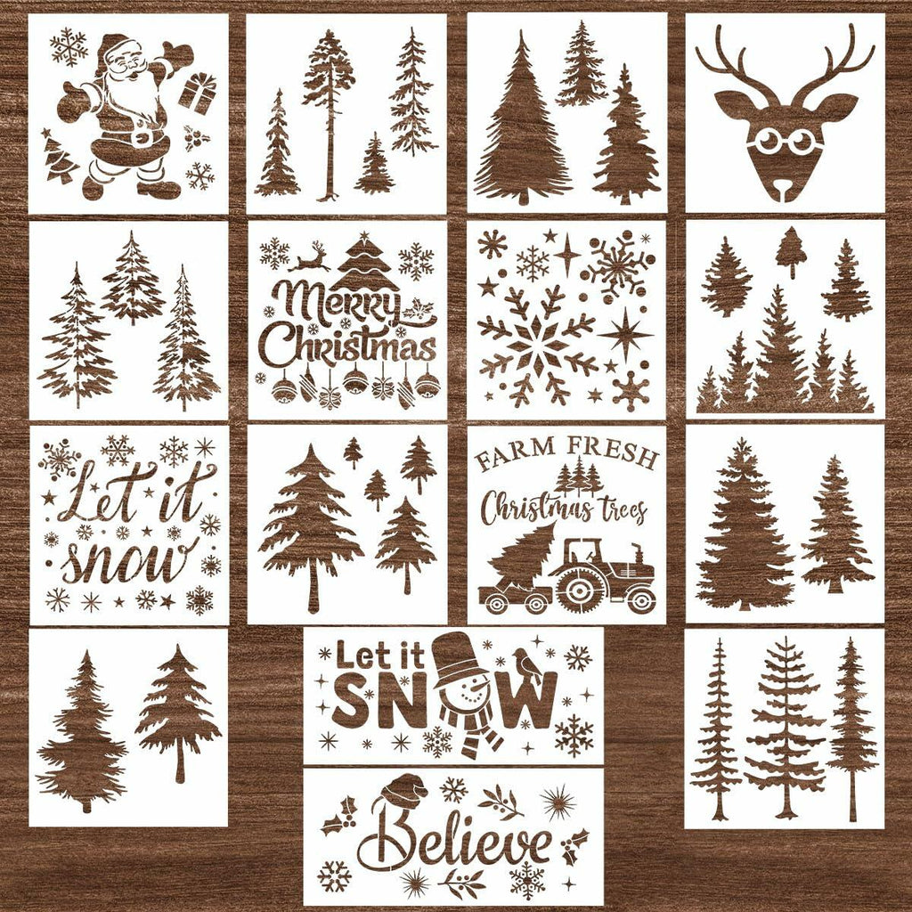Suartus Christmas Stencils 16pcs Pine Trees Snowflake Elk Santa Reusable