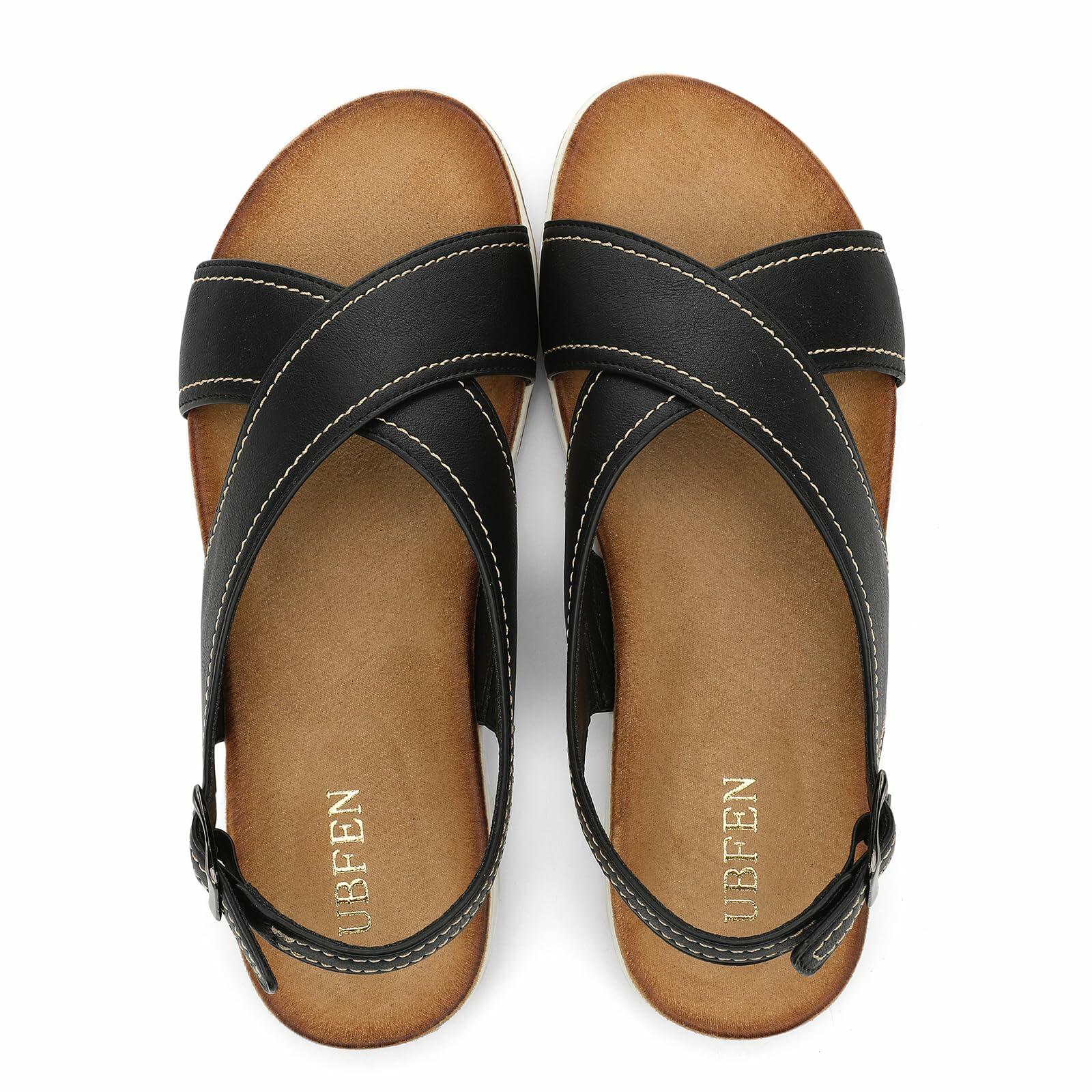 UBFEN Womens Flat Sandals Arch Support Adjustable Slingback Black Size 8