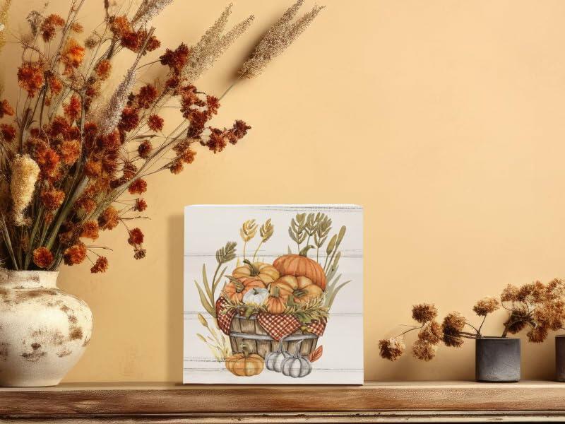 ULEGIE Fall Autumn Wood Box Sign Pumpkin Thanksgiving Decor 5x5 Inch