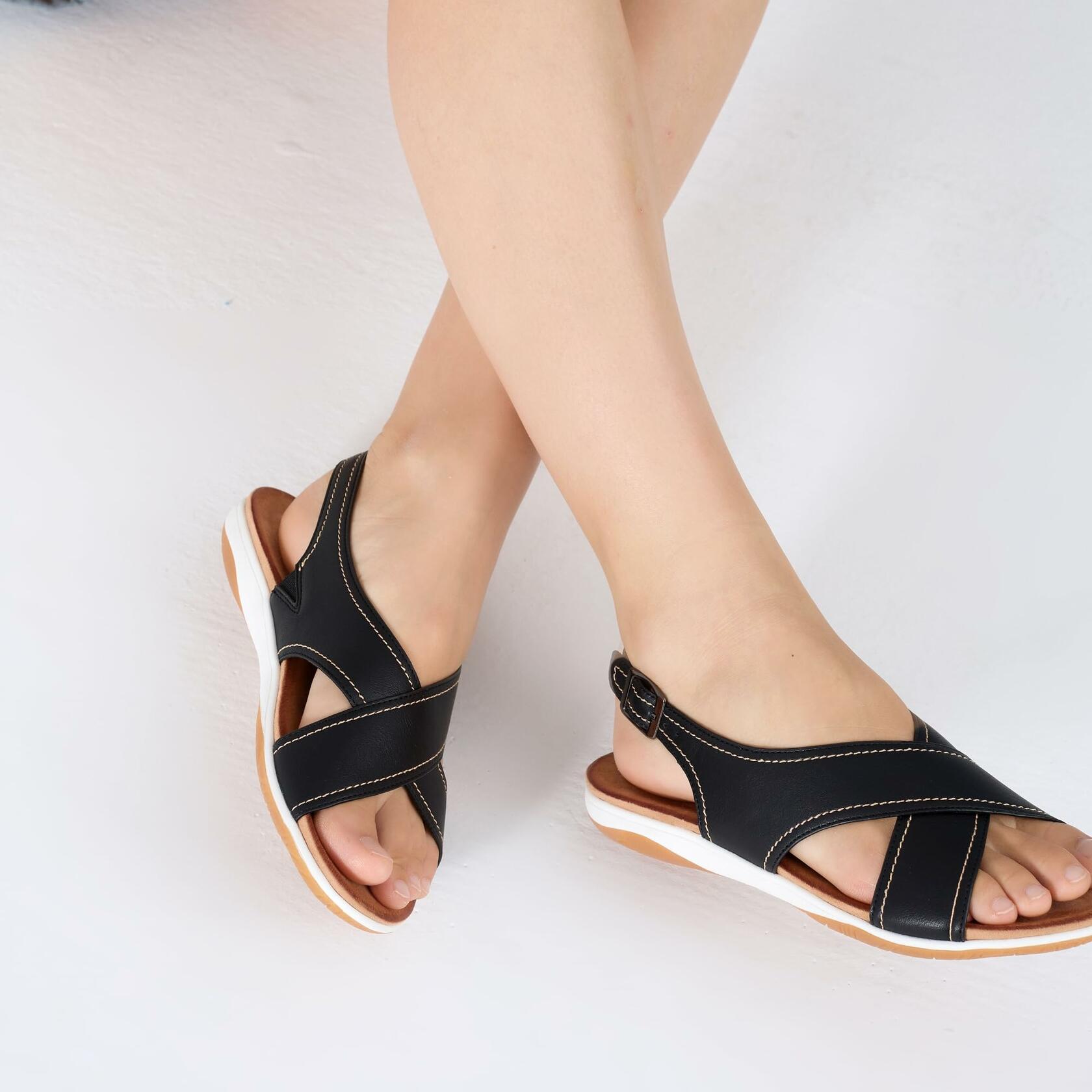 UBFEN Womens Flat Sandals Arch Support Adjustable Slingback Black Size 8