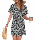 AUSELILY Womens Summer Dress V Neck Tie Button Pockets Rainforest Leaf Size XL