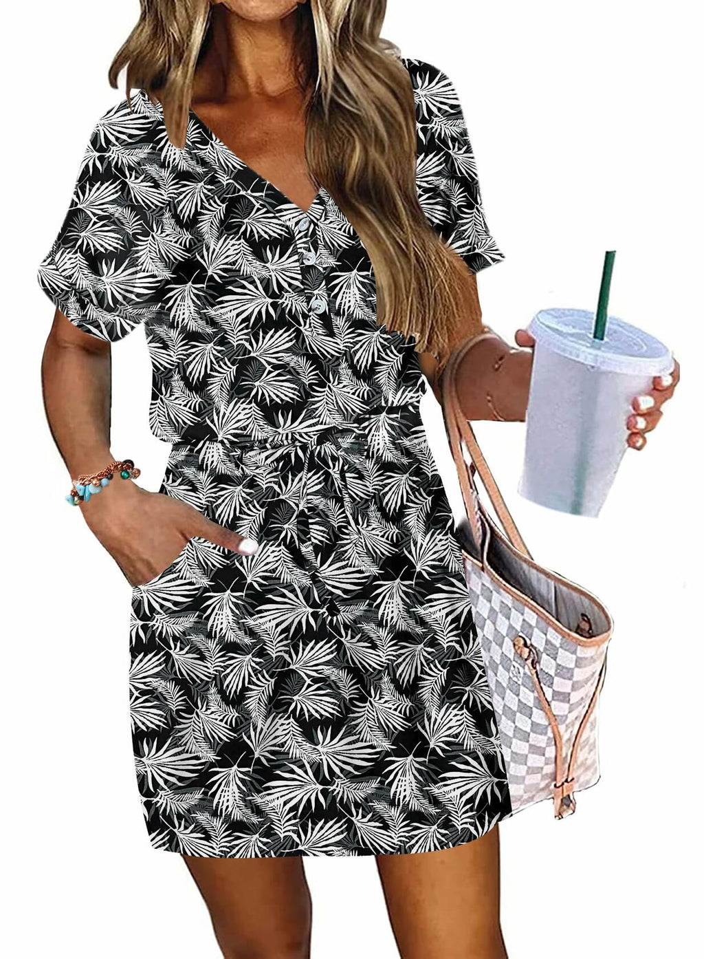 AUSELILY Womens Summer Dress V Neck Tie Button Pockets Rainforest Leaf Size XL
