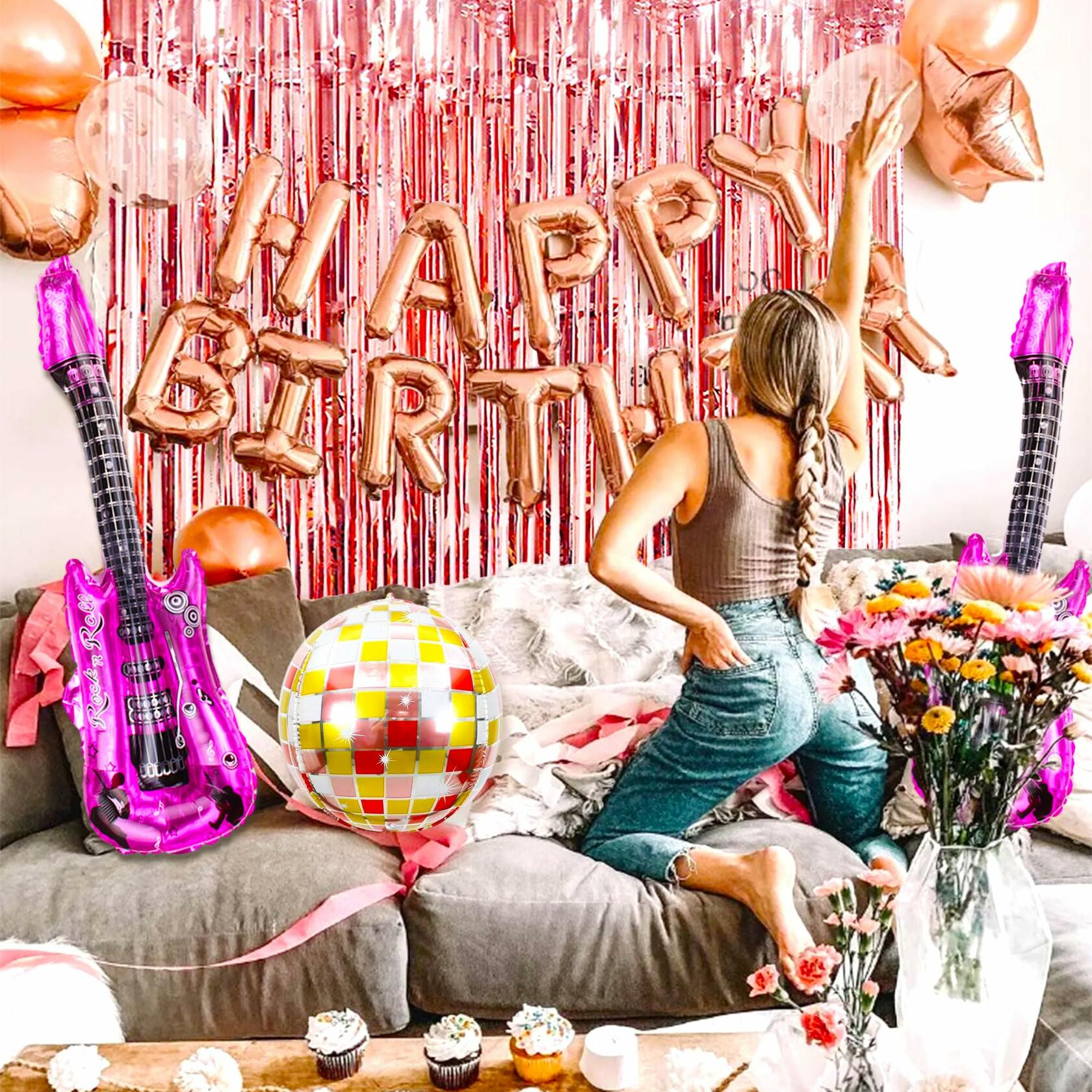 GallaRato 31 PCS Singer Birthday Balloons Decorations Rose Gold Pink Silver