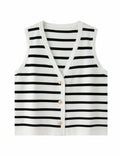 Chevara Women's Sleeveless Striped Sweater Vest V Neck White Size S