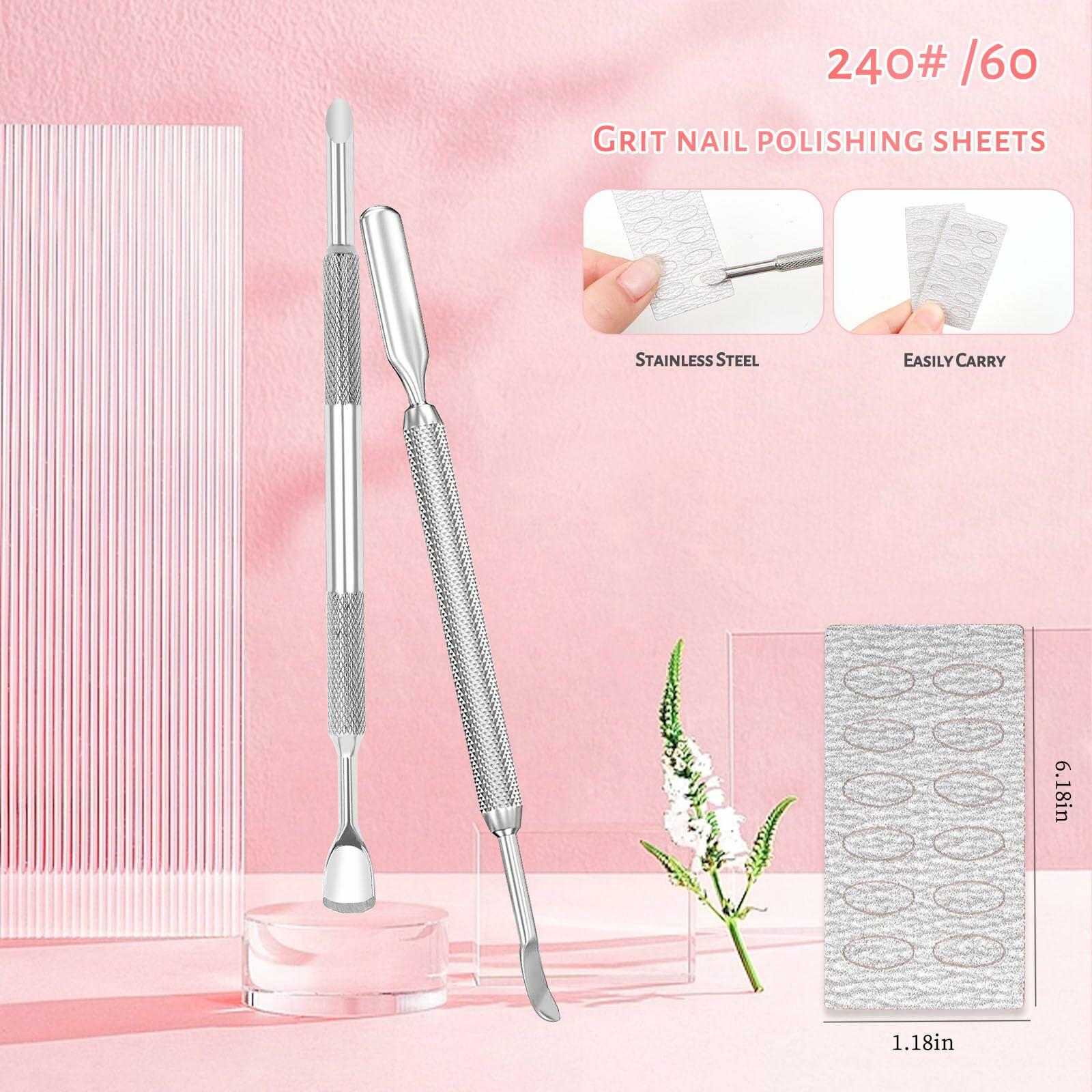 BOMOQING Cuticle Pusher 2PCS & 60 Nail Sand Polishing Tablets Silver Kit