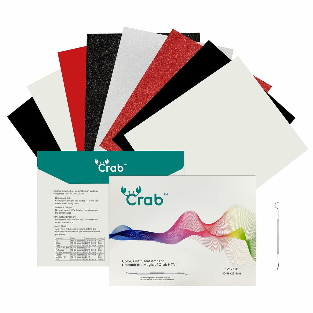 Crab HTV Heat Transfer Vinyl 8 Pack PU Glitter Puff 12x10 Inch