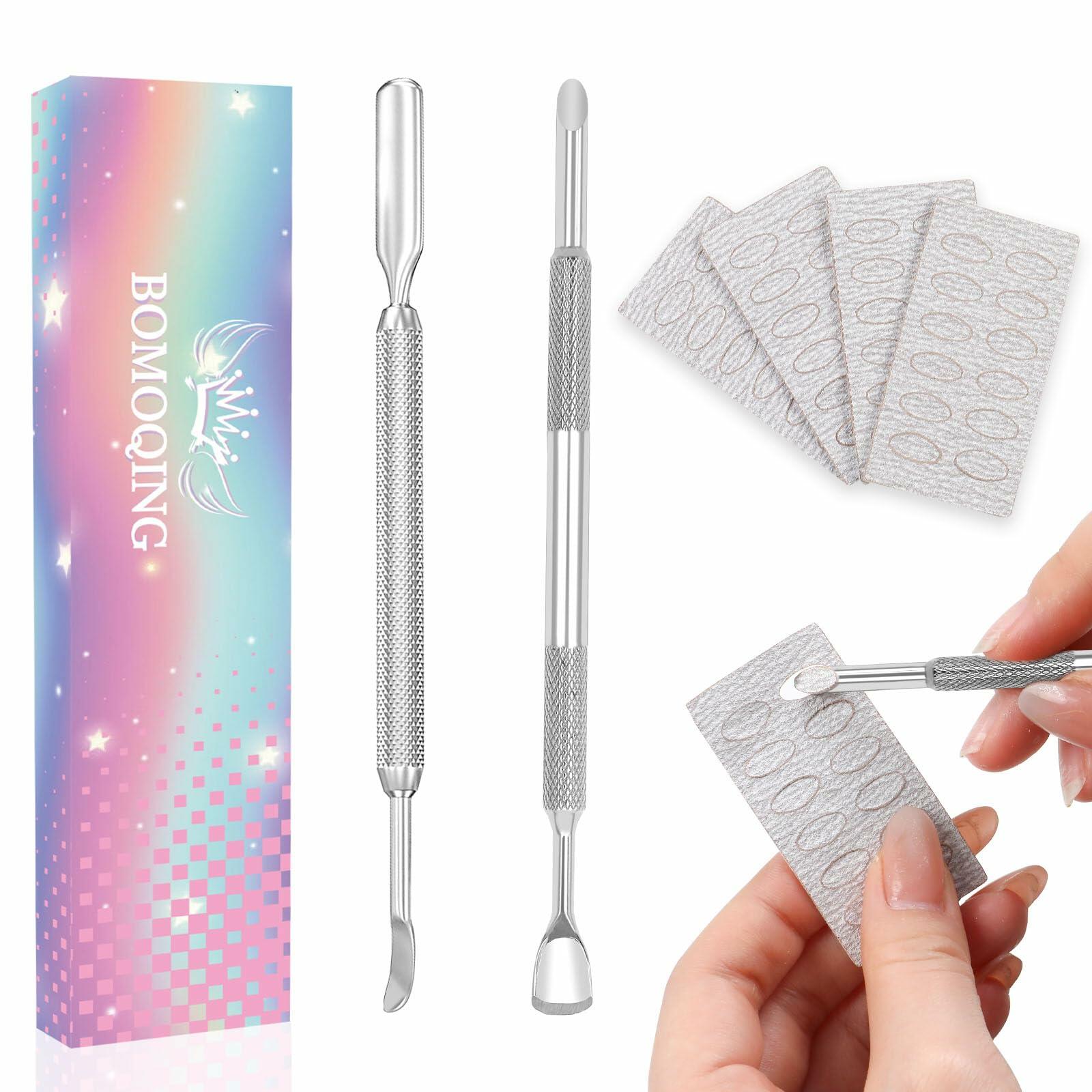 BOMOQING Cuticle Pusher 2PCS & 60 Nail Sand Polishing Tablets Silver Kit