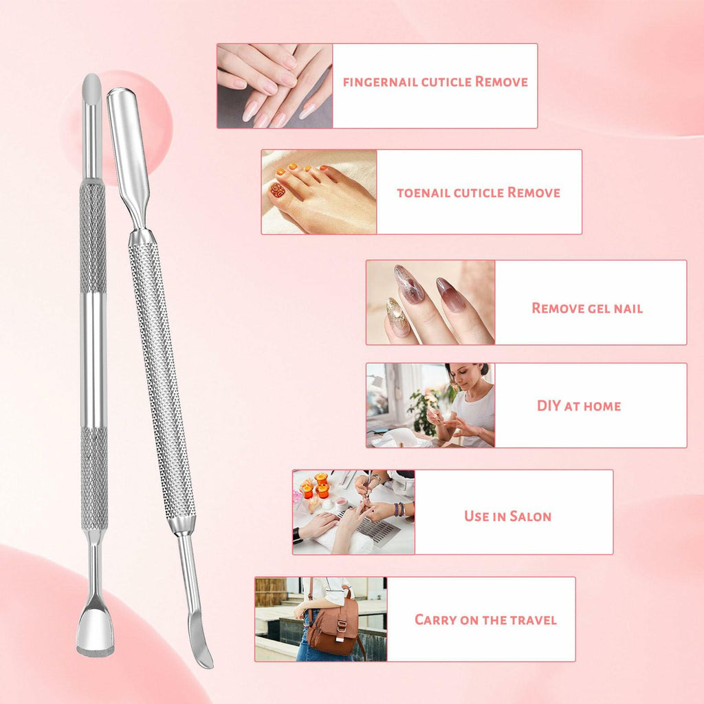 BOMOQING Cuticle Pusher 2PCS & 60 Nail Sand Polishing Tablets Silver Kit