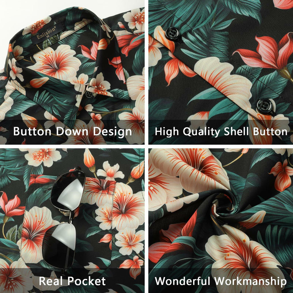Enlision Men's Floral Hawaiian Shirt Short Sleeve Button-Down Black Size S
