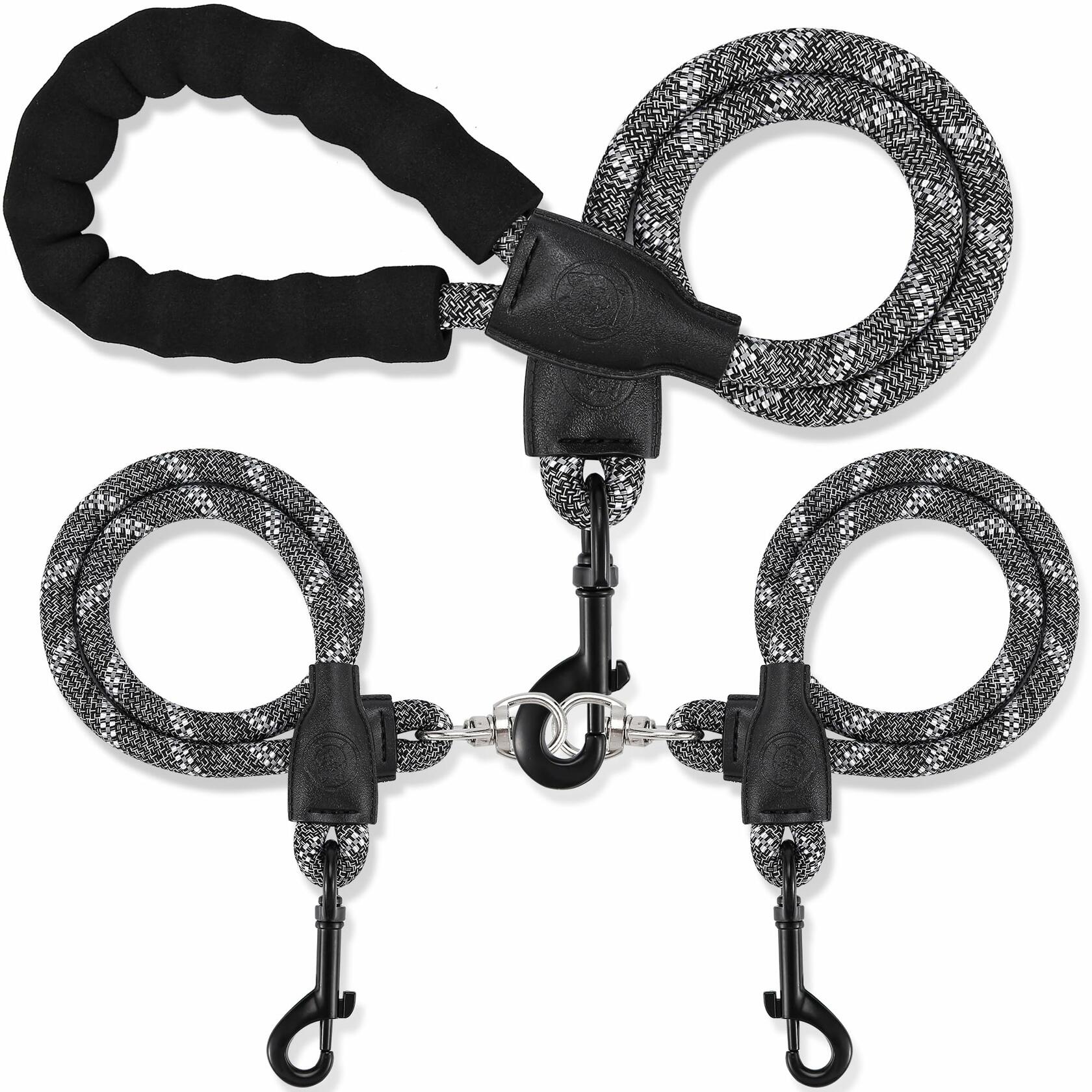 Mengbei Tribe Double Dog Leash Detachable 360° Swivel Reflective Grey Size L