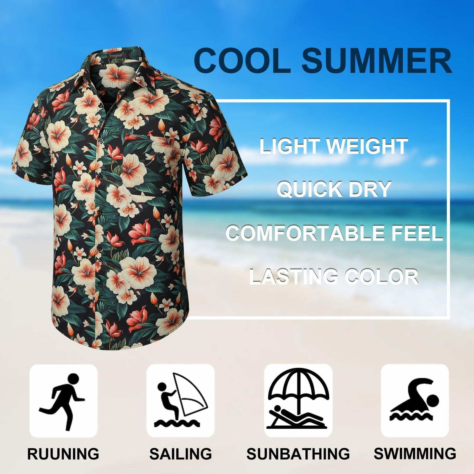 Enlision Men's Floral Hawaiian Shirt Short Sleeve Button-Down Black Size S