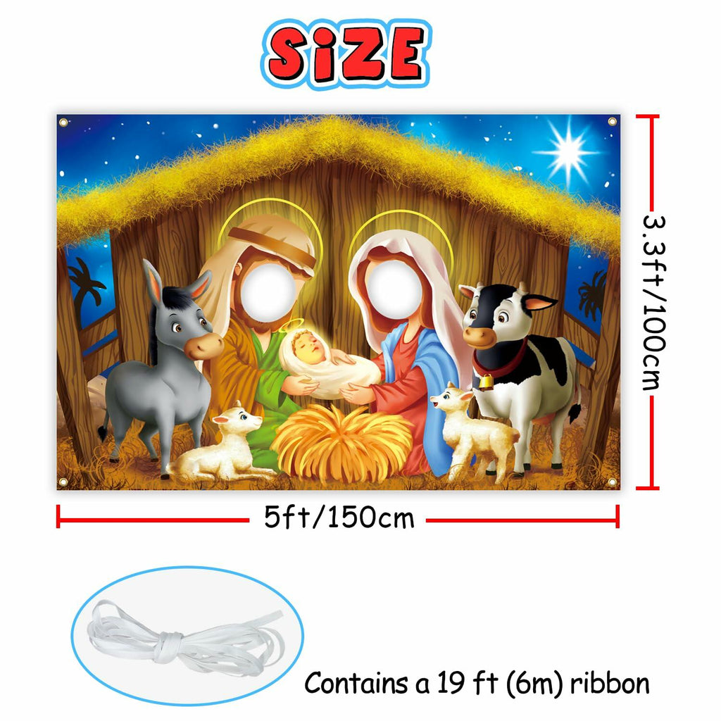 DoraDream Nativity Scene Face Hole Backdrop 5x3.3 ft Rustic Christmas