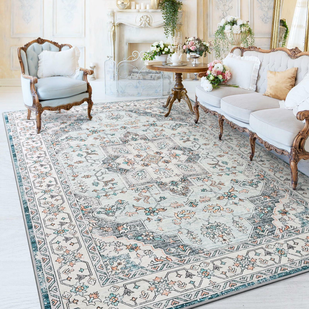 FlyDOIT Vintage 5x8 Blue Floral Medallion Washable Area Rug