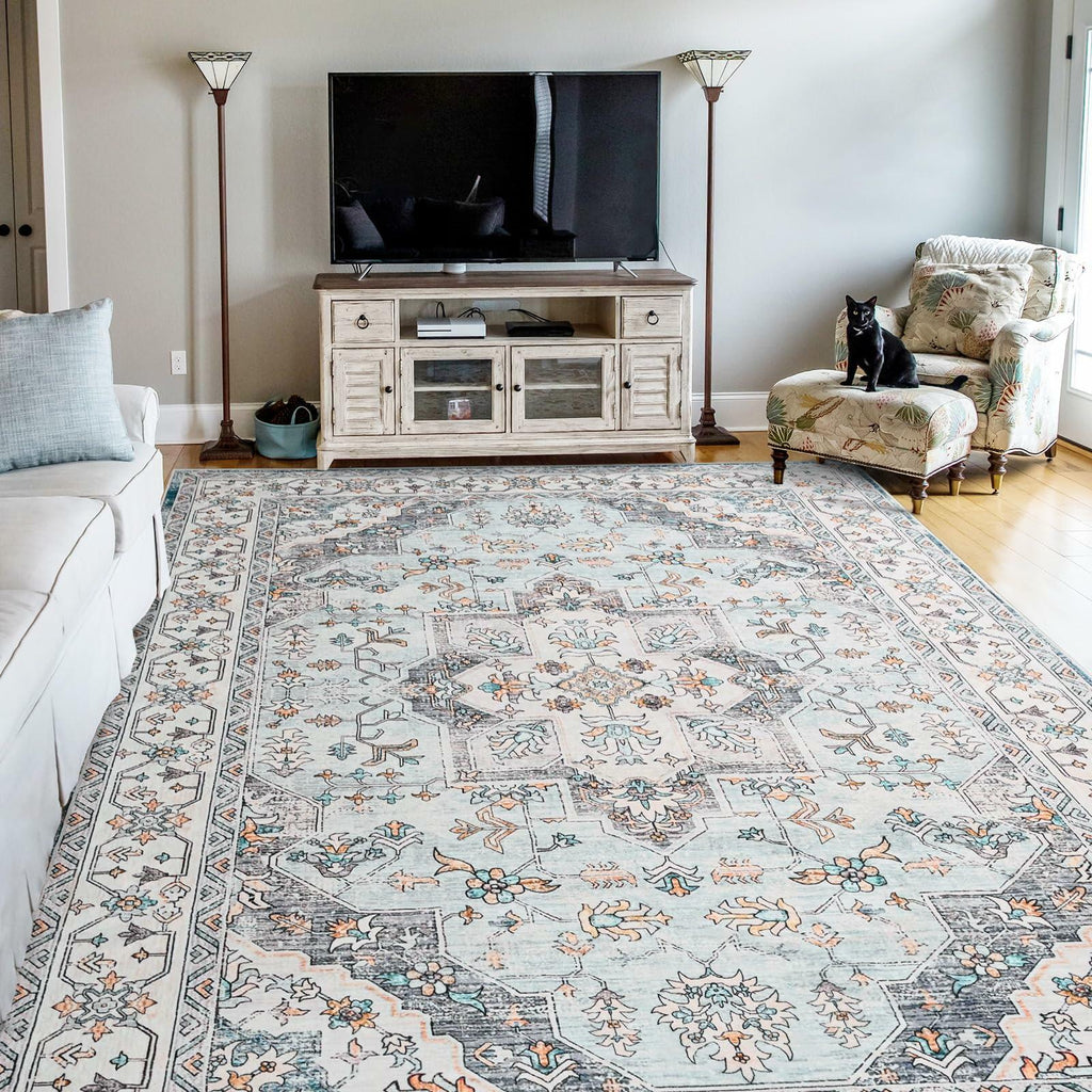 FlyDOIT Vintage 5x8 Blue Floral Medallion Washable Area Rug