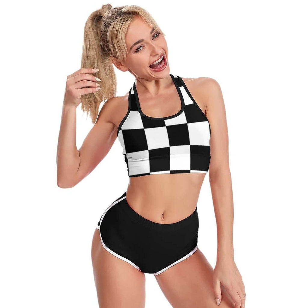 TIETIE Women's Checkered Flag Racerback Sports Yoga Bra Black White Size S