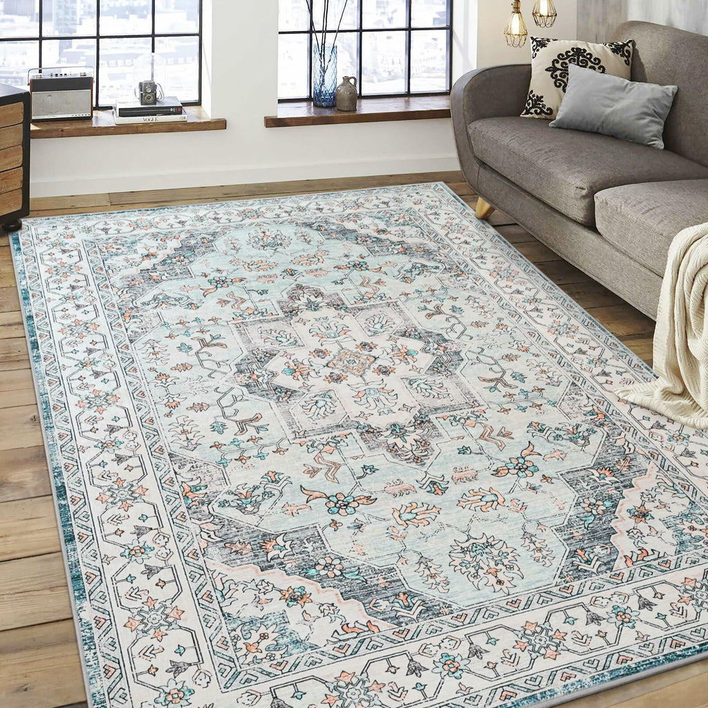 FlyDOIT Vintage 5x8 Blue Floral Medallion Washable Area Rug
