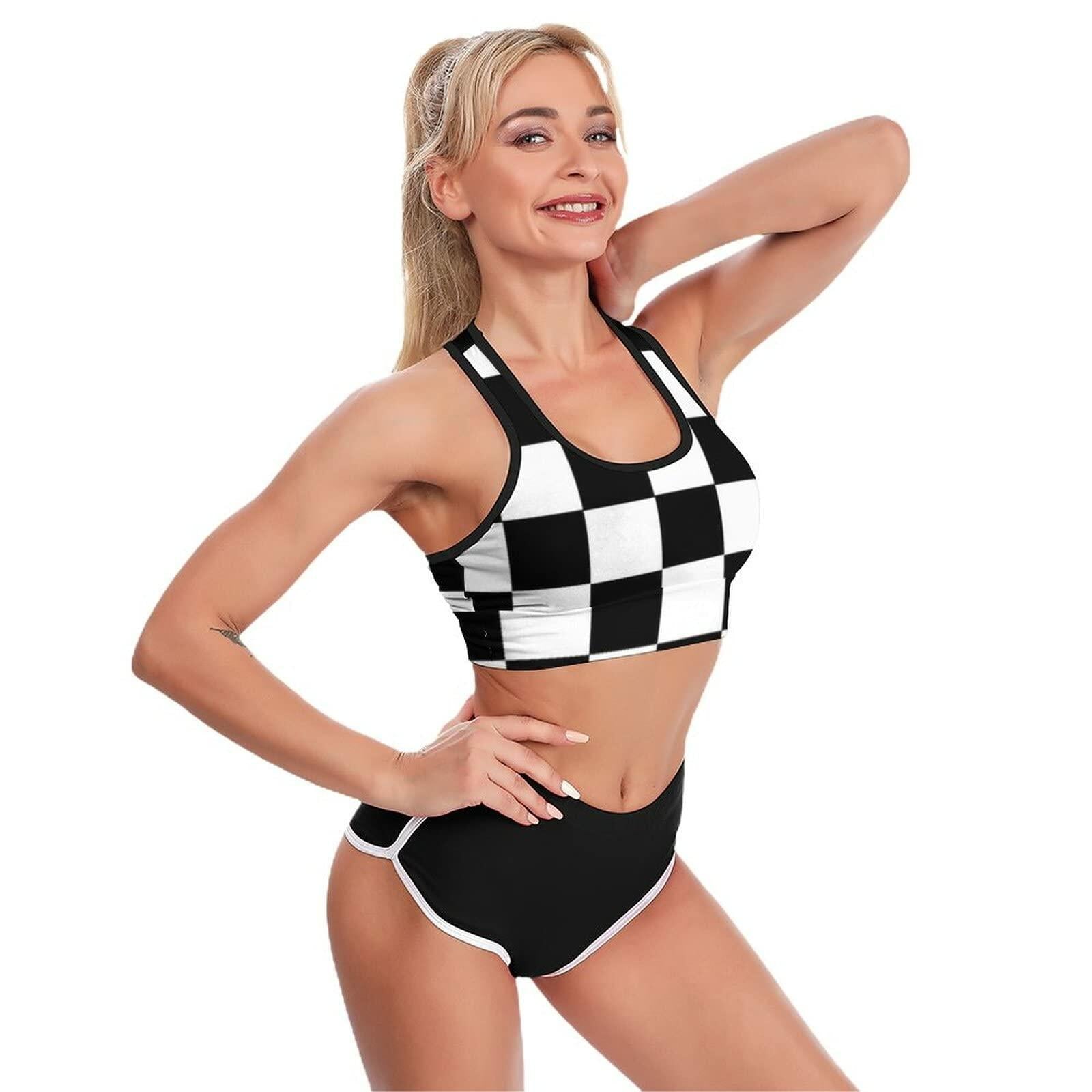 TIETIE Women's Checkered Flag Racerback Sports Yoga Bra Black White Size S