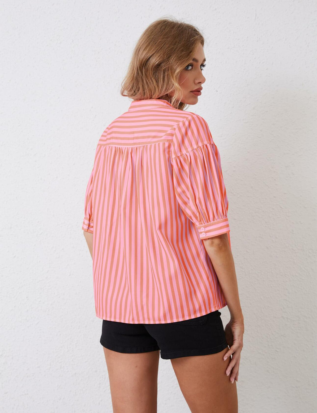 MSBESYOR Women Puff Short Sleeve Striped V Neck Blouse Pink Size M