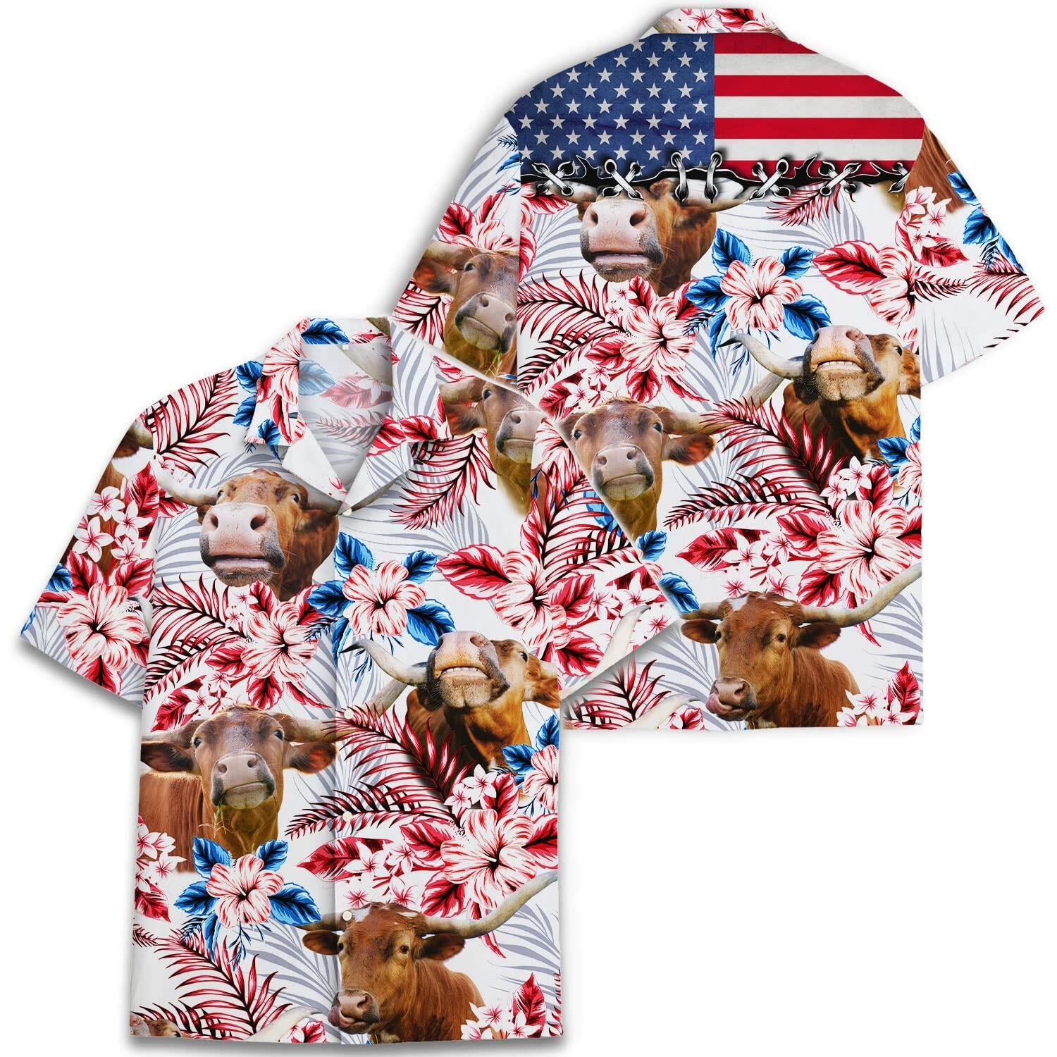 PIGO Simmental Cow Hawaiian Shirt Men US Flag Short Sleeve Size XX-L