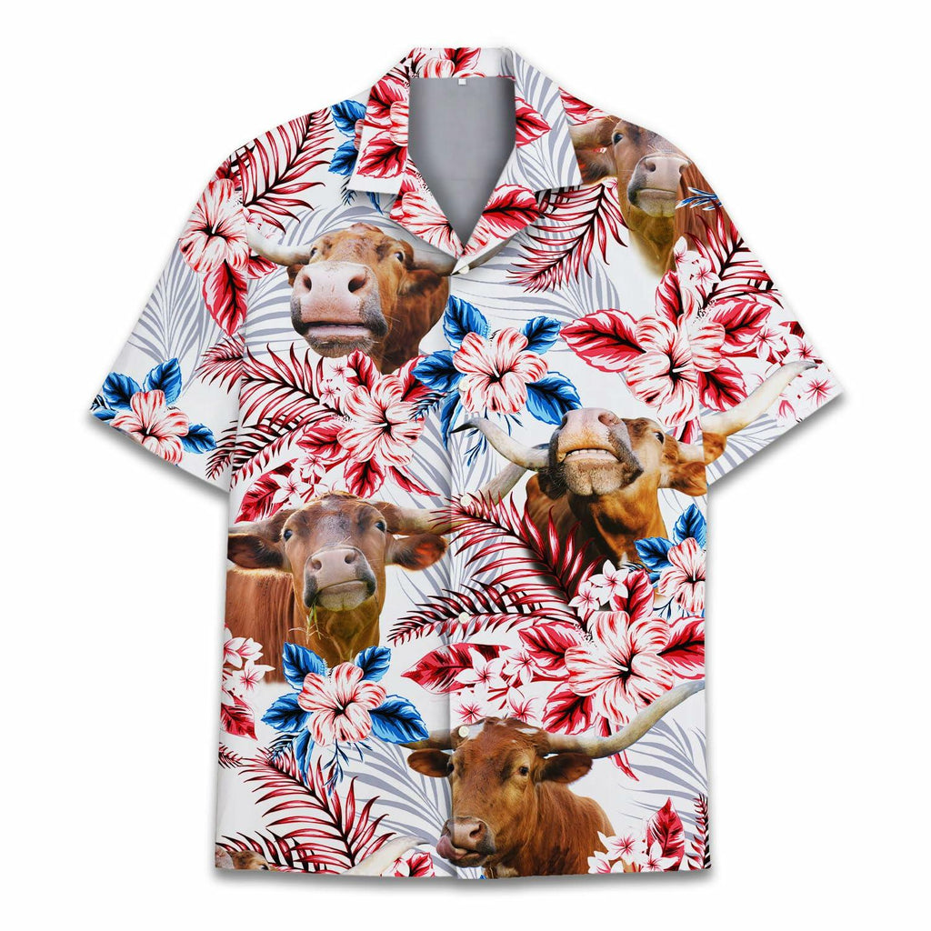 PIGO Simmental Cow Hawaiian Shirt Men US Flag Short Sleeve Size XX-L
