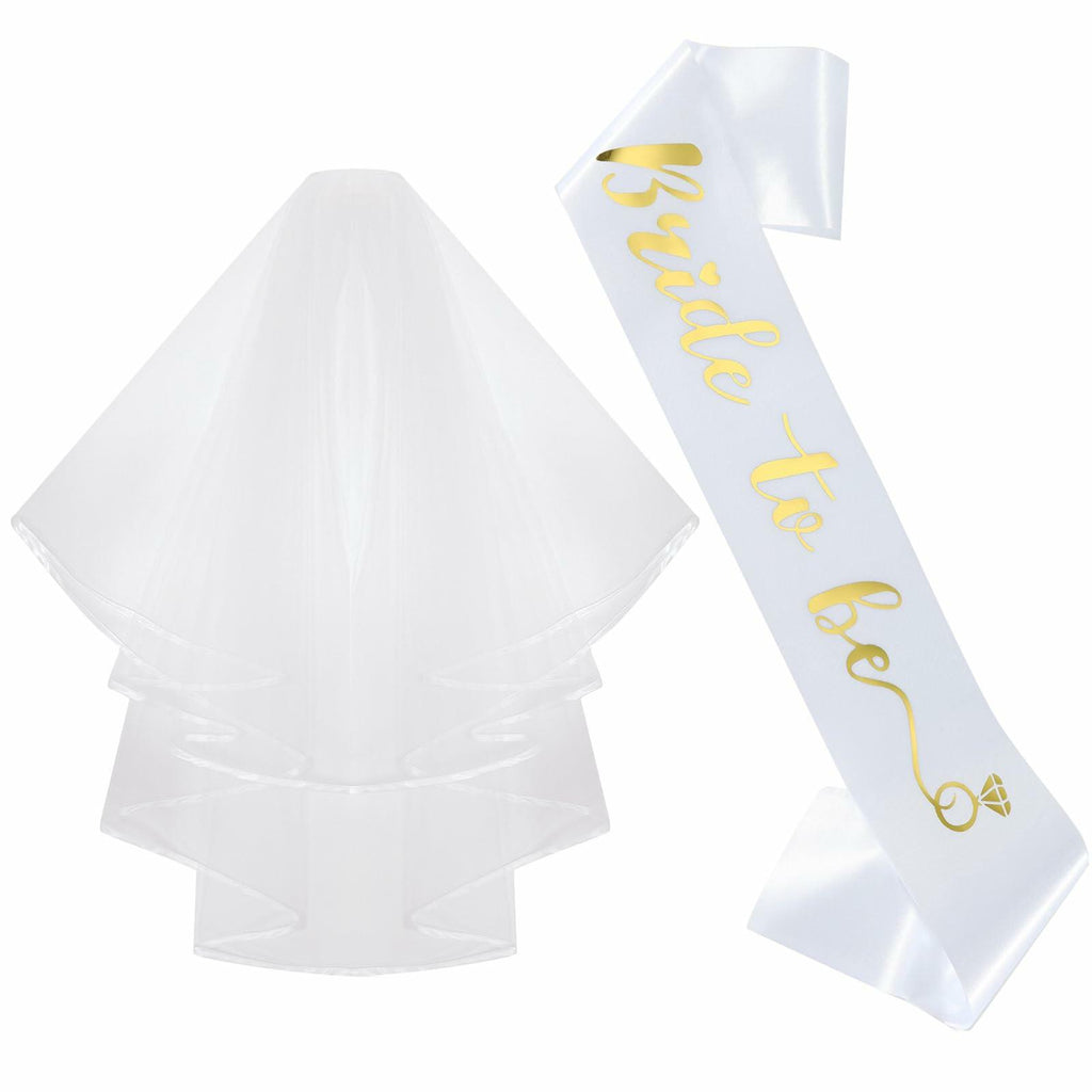 Apone Fatu 3 Pcs Bride Crown Headband Sash Veil Bachelorette Party Gold