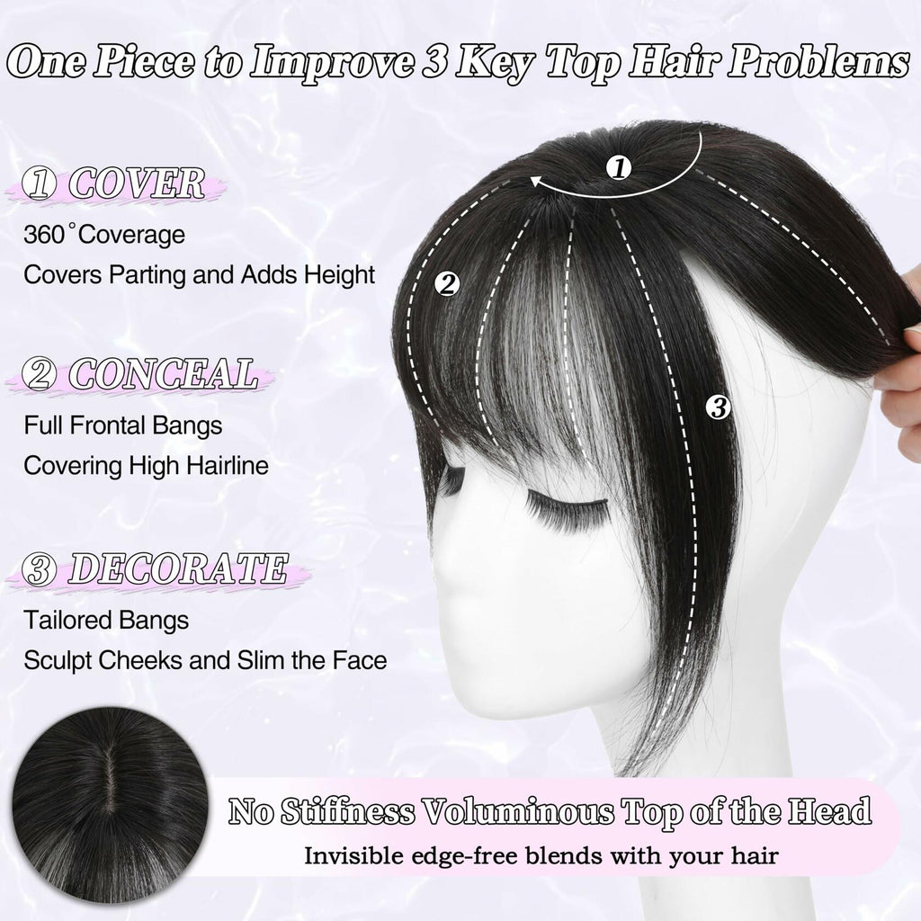 BUPPLER 360° 3D Hair Topper with Bangs for Thinning Hair 4x6 Brown Black-1B