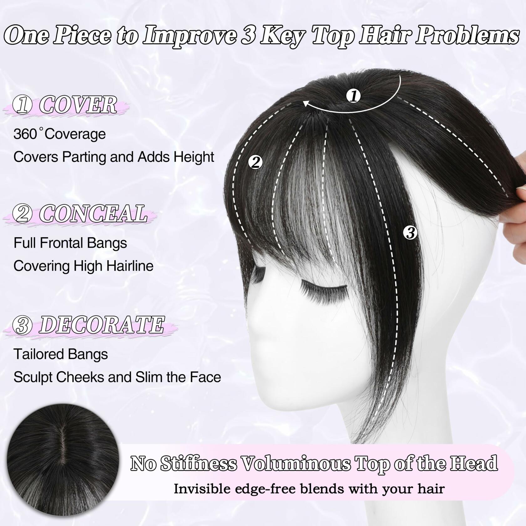 BUPPLER 360° 3D Hair Topper with Bangs for Thinning Hair 4x6 Brown Black-1B