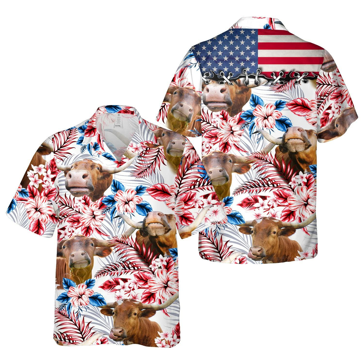 PIGO Simmental Cow Hawaiian Shirt Men US Flag Short Sleeve Size XX-L