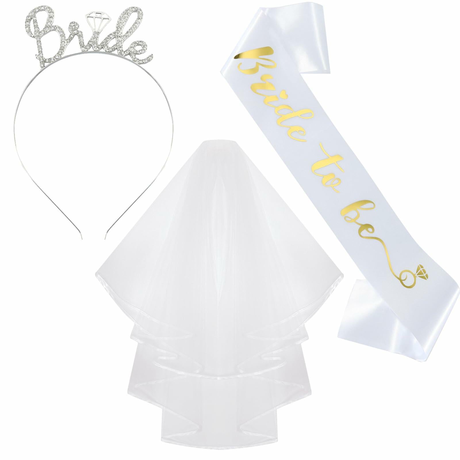 Apone Fatu 3 Pcs Bride Crown Headband Sash Veil Bachelorette Party Gold