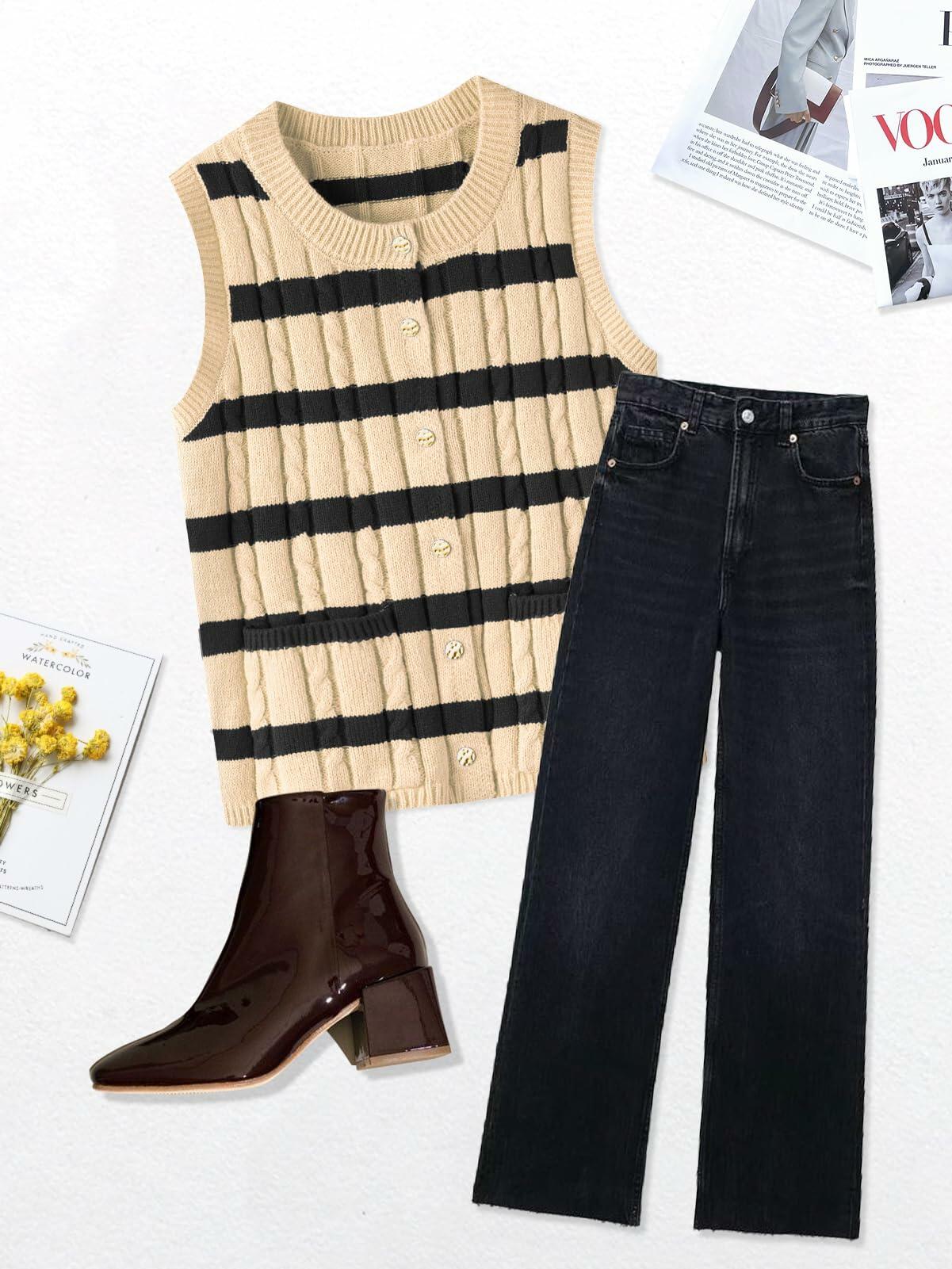 KEOMUD Women's Sleeveless Striped Knit Cardigan Button Vest Apricot Size L