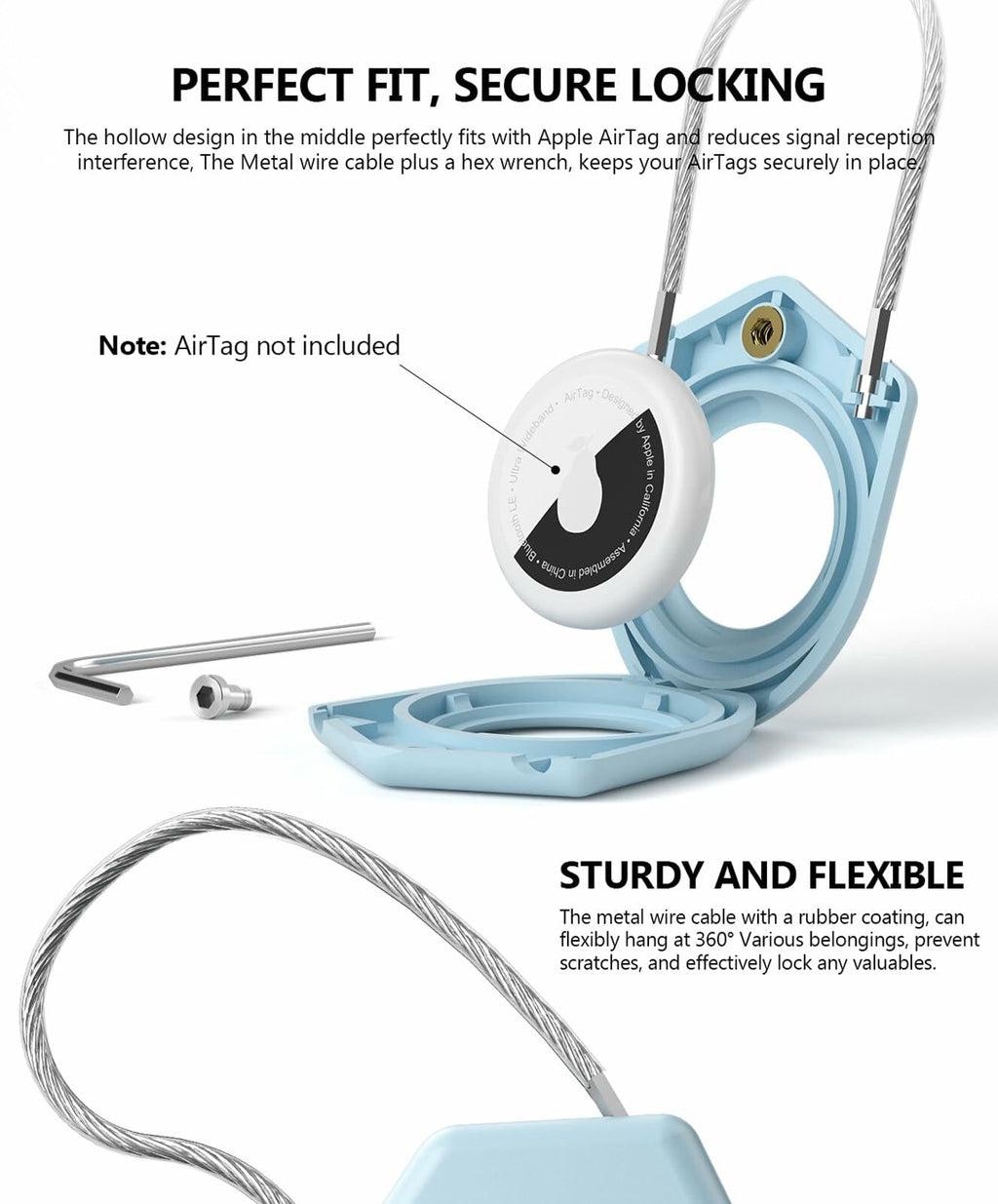TUXON Airtag Holder Keychain with Wire Cable Blue 2 Pack Secure Lock Case
