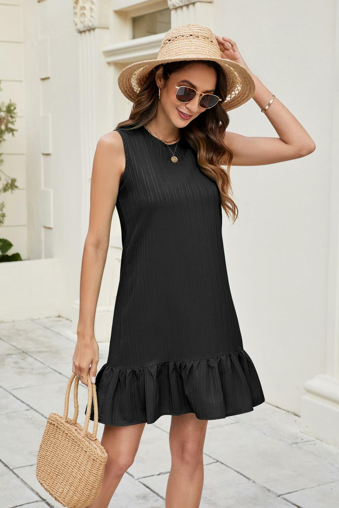 ZLIGXEA Women's Sleeveless Crewneck Ruffle Sundress Casual Summer Dress