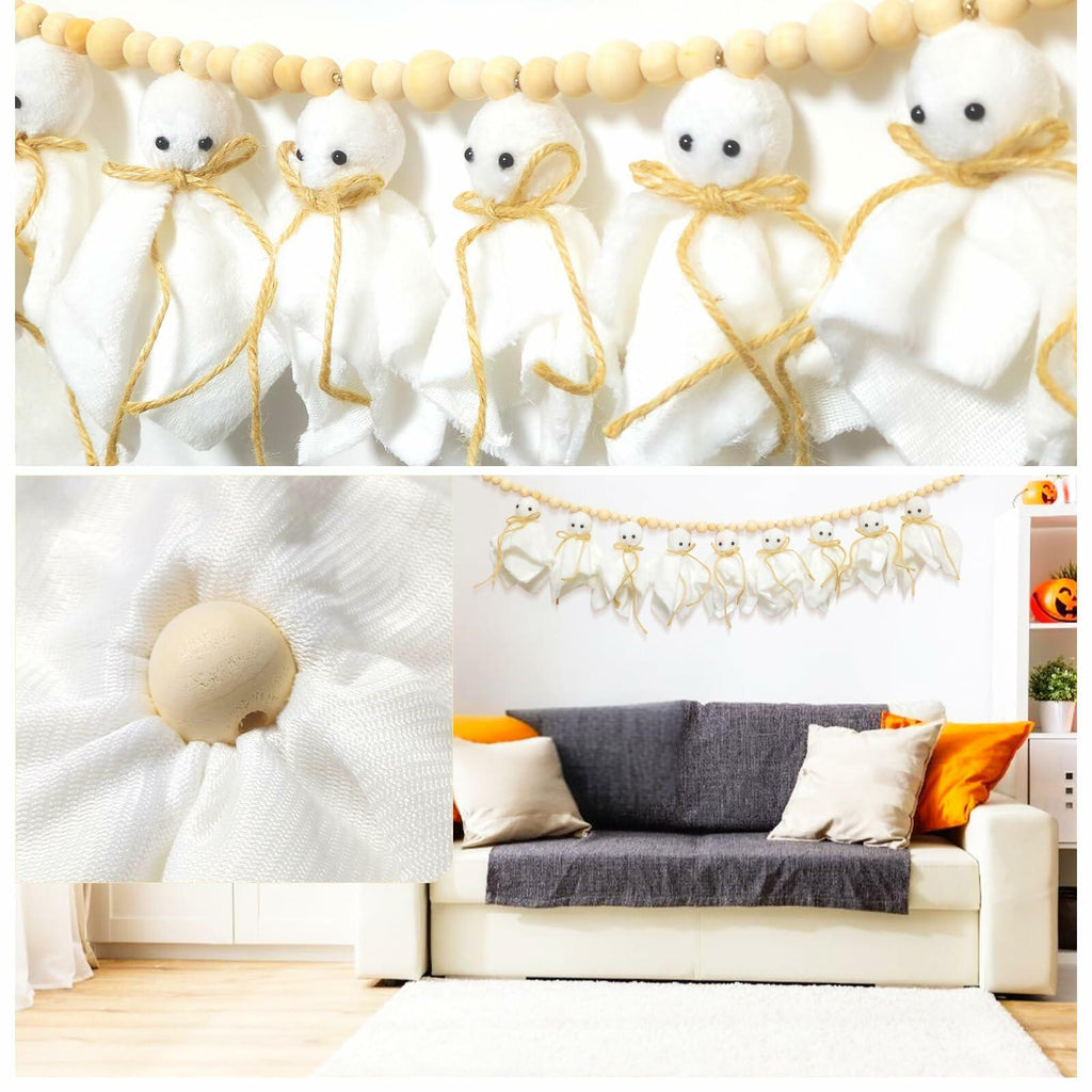 LGGbaodan Handmade Halloween Ghost Wooden Beads Garland 7.2Ft White Decor