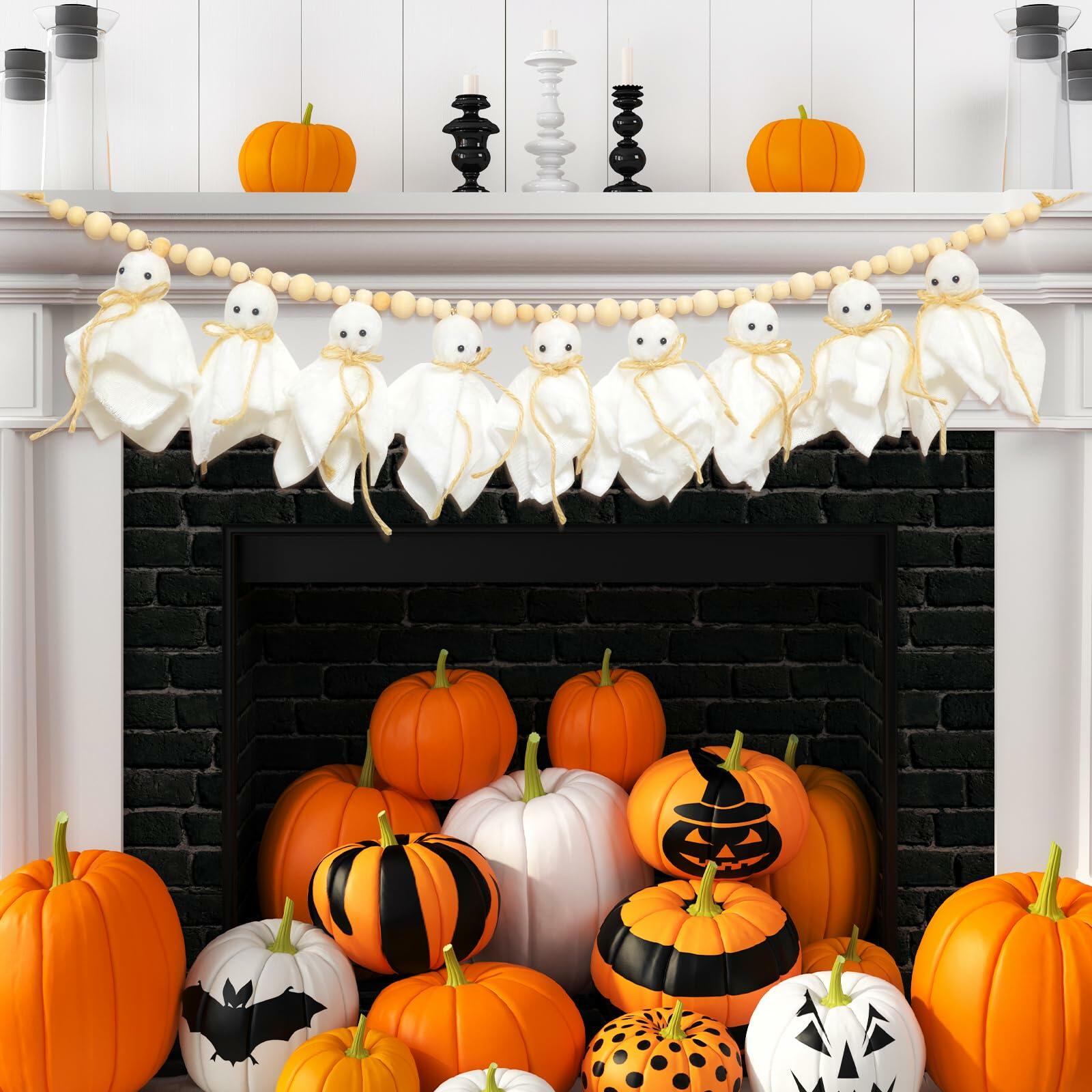 LGGbaodan Handmade Halloween Ghost Wooden Beads Garland 7.2Ft White Decor