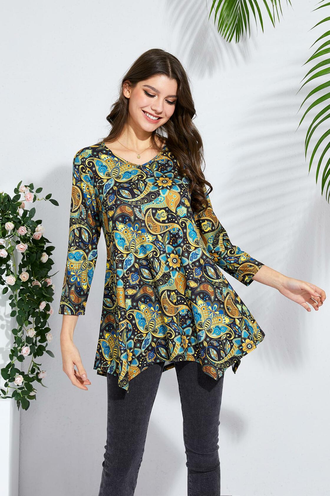 ENMAIN Plus Size Tunic Top Women 3/4 Sleeve V Neck Paisley Flare Size XX-Large