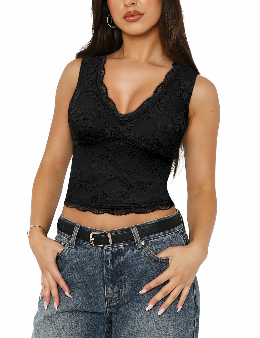 SAUNGKUAI Women's Sexy V Neck Sleeveless Lace Floral Top Bluenova Size S