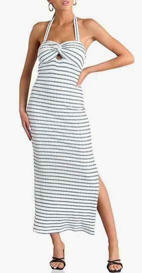 Wenrine Womens Summer Striped Halter Neck Maxi Dress Aarmy Green Size M