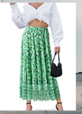 Wielsscca Women's Pleated Floral Chiffon Maxi Skirt Light Green Size L