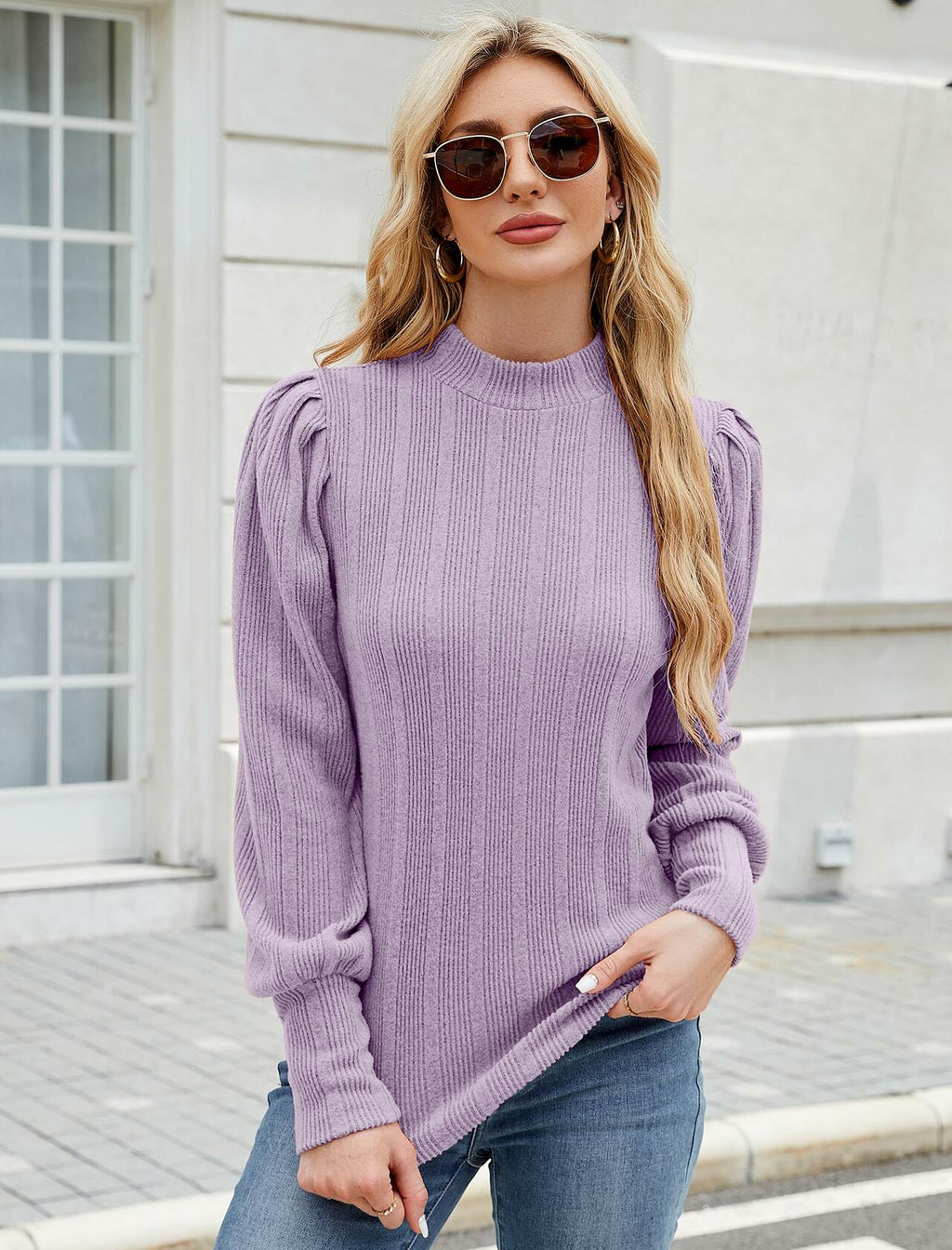 JUSTFASHIONNOW Womens Ribbed Knit Puff Sleeve Sweater Purple Size XL