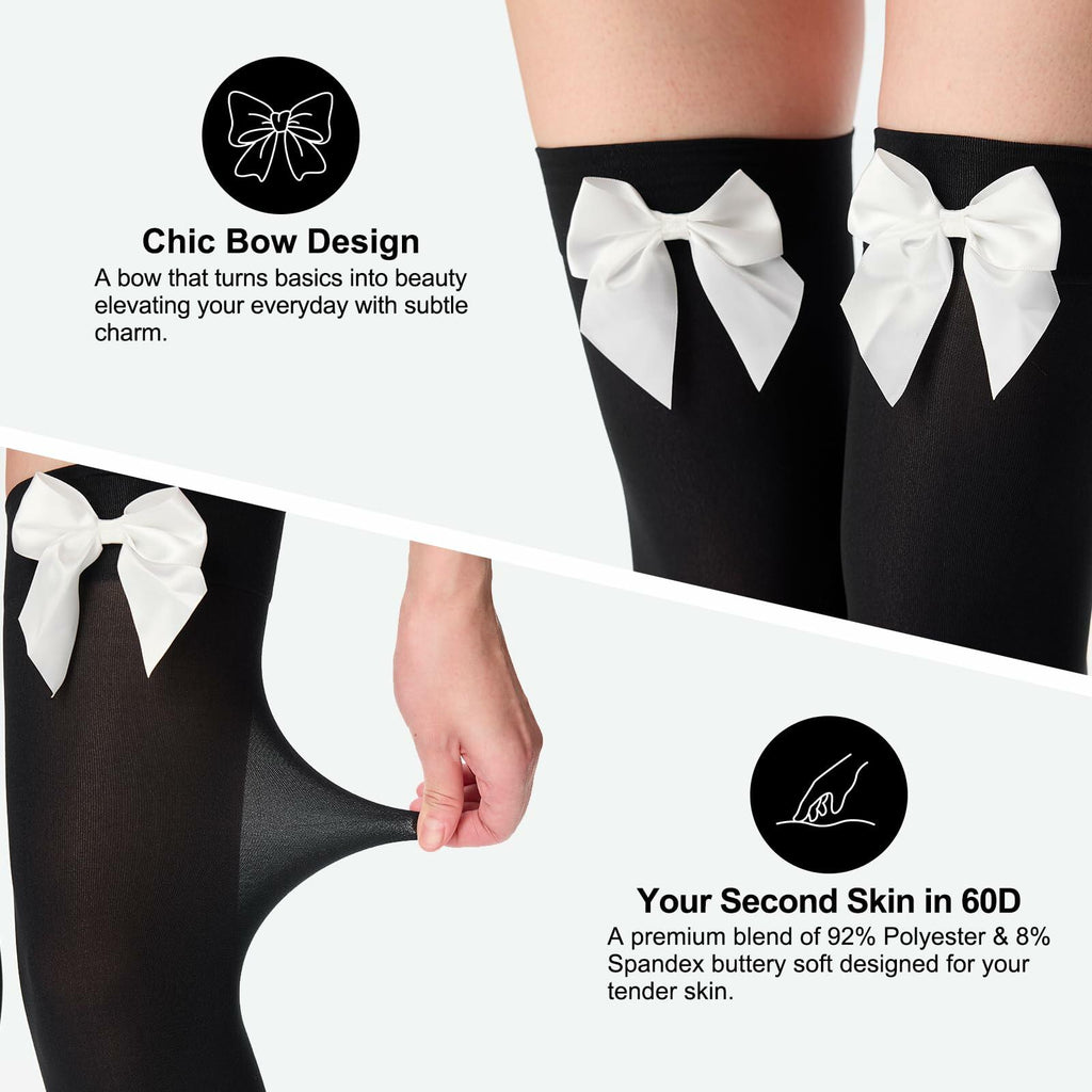 YIGETA Knee High Socks Bow Hold-ups Snag-Resistant Black White