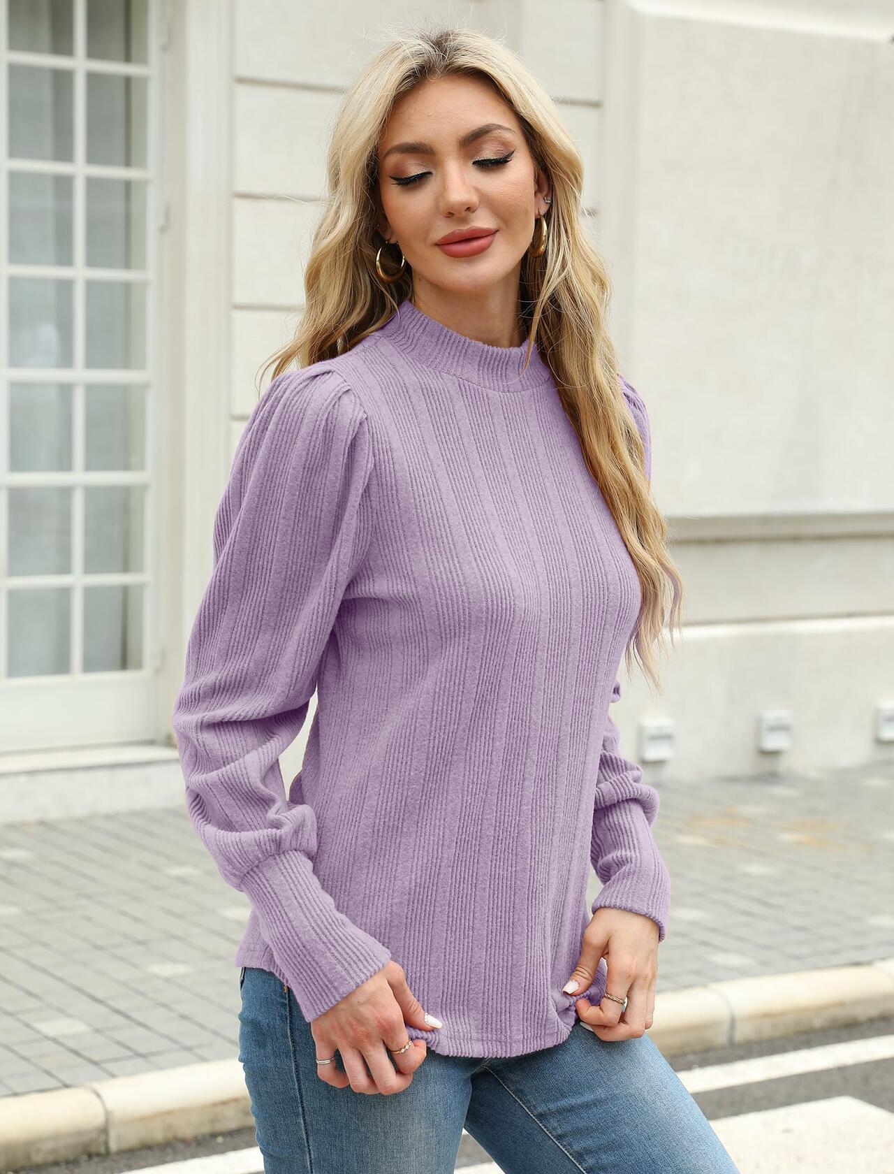 JUSTFASHIONNOW Womens Ribbed Knit Puff Sleeve Sweater Purple Size XL