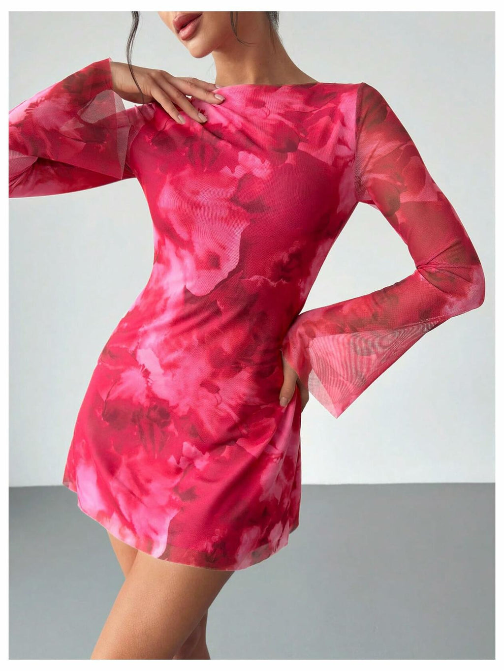 Milumia Women's Floral Bell Sleeve Mini Dress Boat Neck Pink Size M