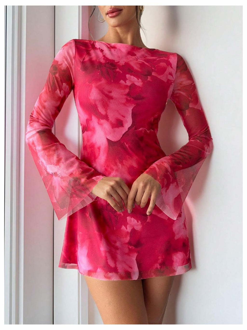 Milumia Women's Floral Bell Sleeve Mini Dress Boat Neck Pink Size M