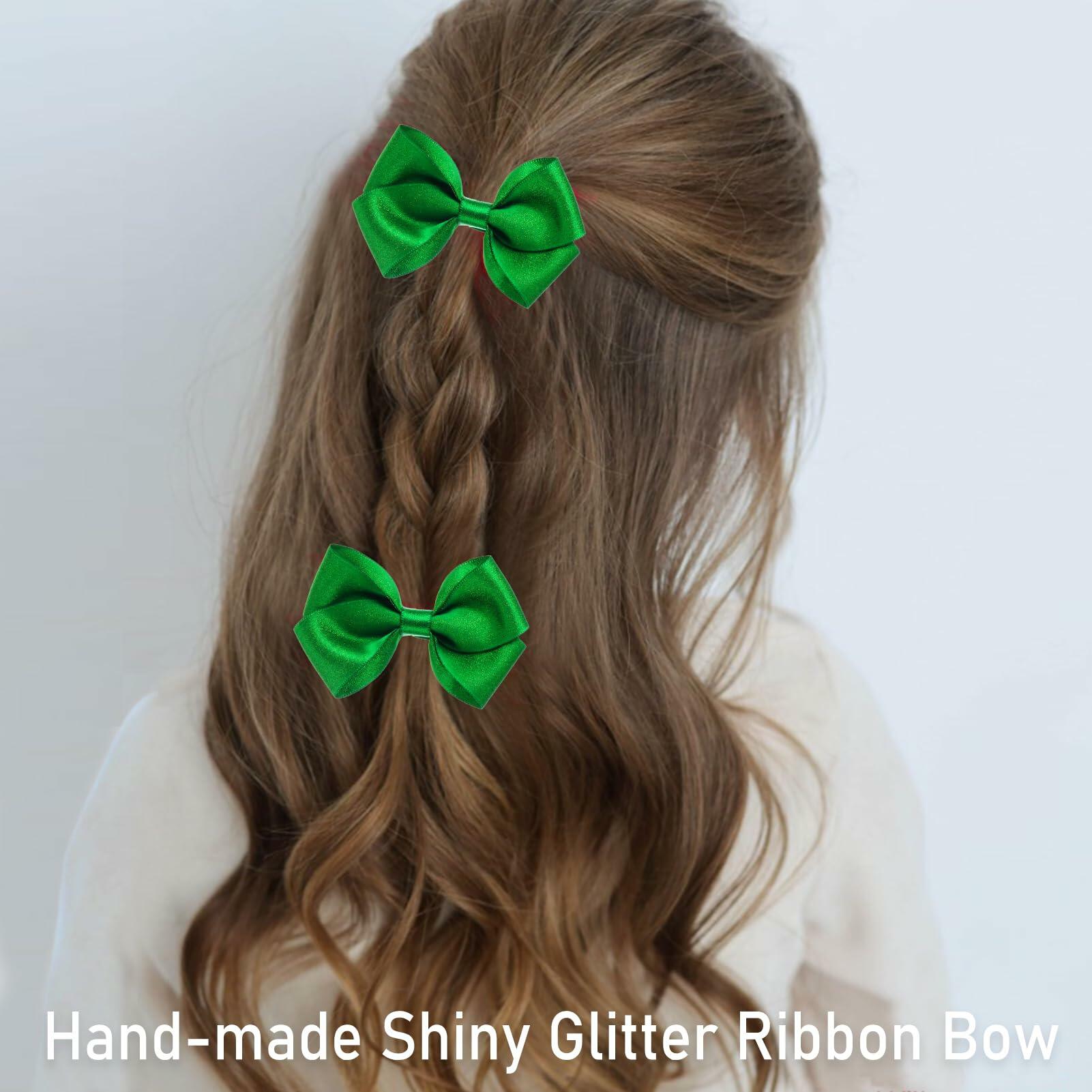 ZOLYCO 3 Inch Glitter Green Hair Bows Clips Alligator Hairpin 2 Count